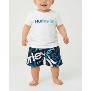 Hurley Infant 12M White Tee & Logo Print Navy/Blue Shorts Set